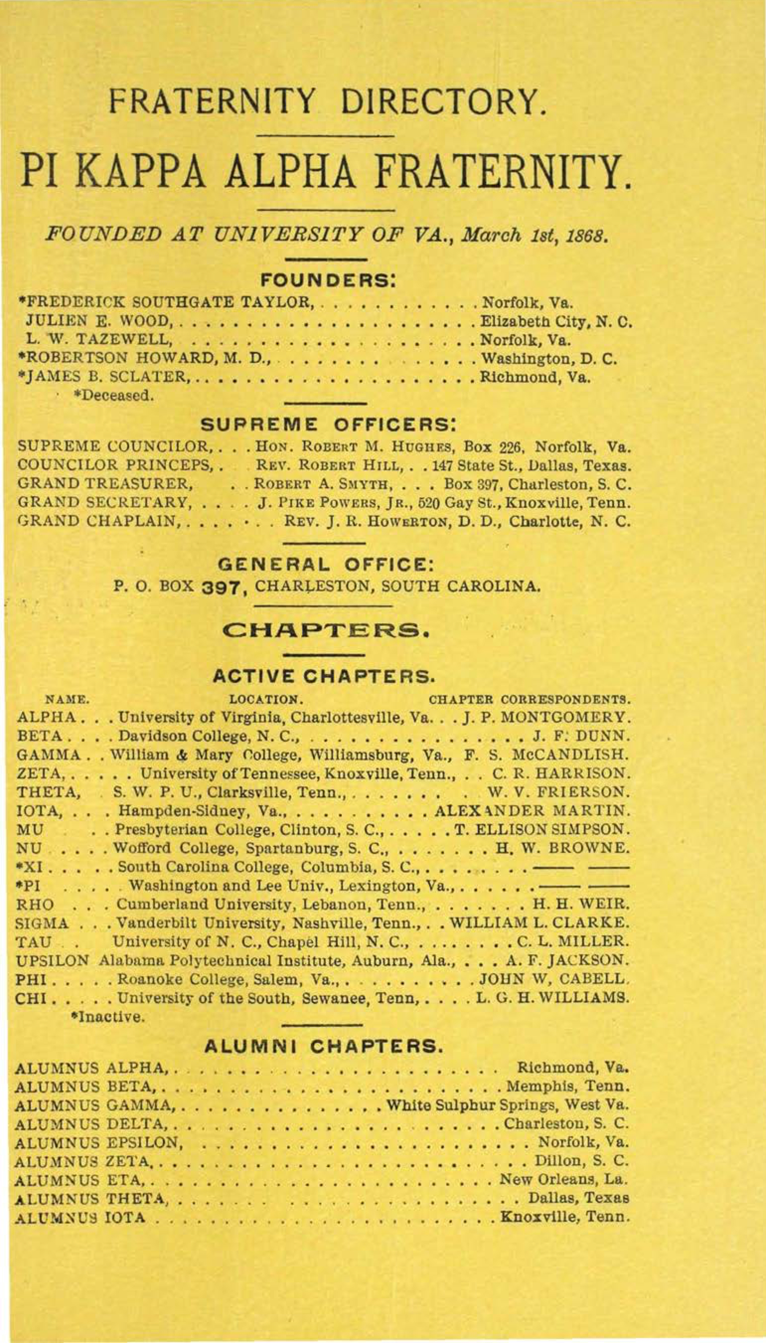 Pi Kappa Alpha Fraternity Directory, February 1900